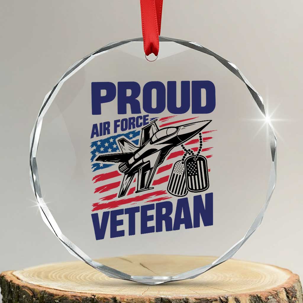 Proud Air Force Veteran Crystal Glass Ornament Fighter Jet American Flag Military Aviation