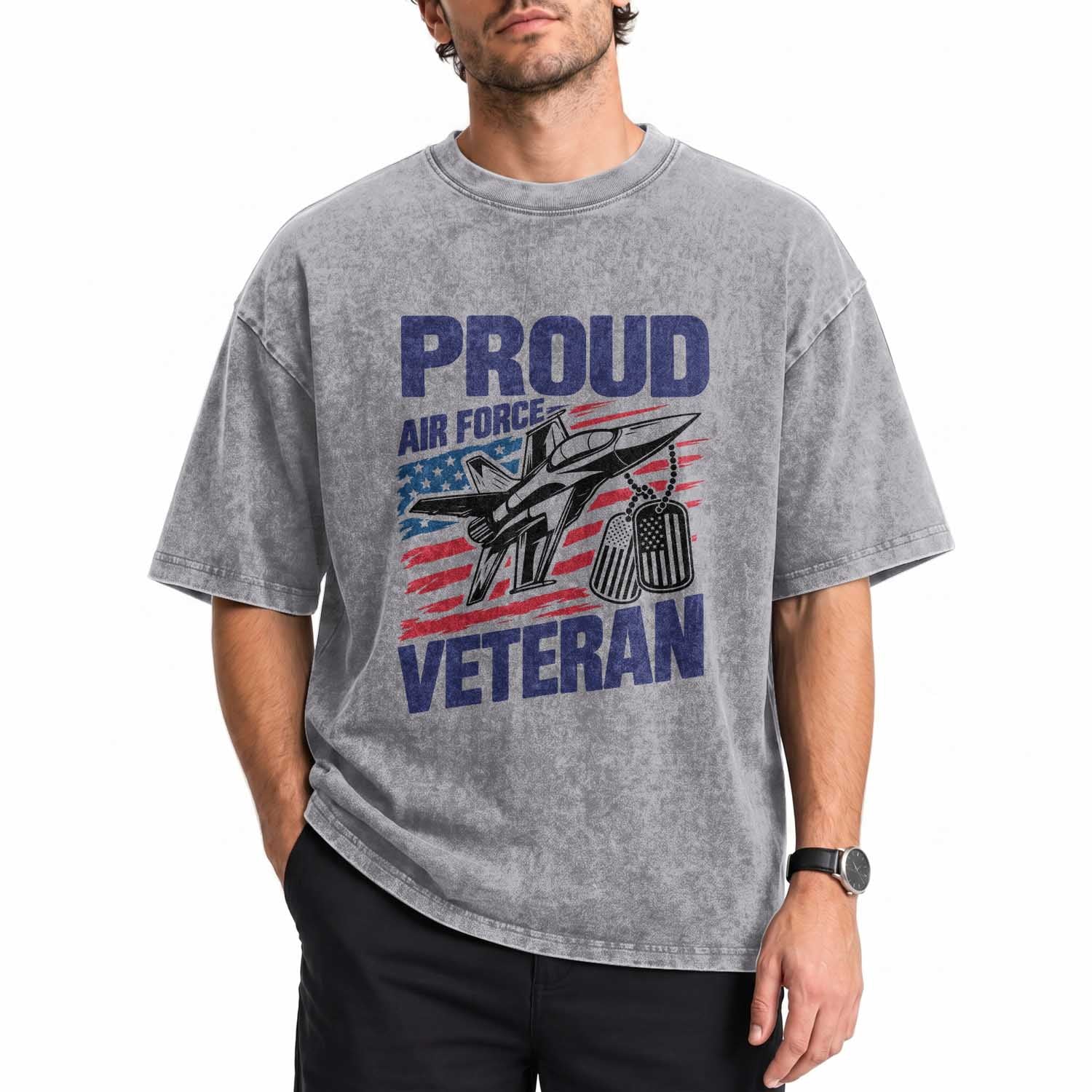 Proud Air Force Veteran Washed Cotton T-Shirt Fighter Jet American Flag Military Aviation