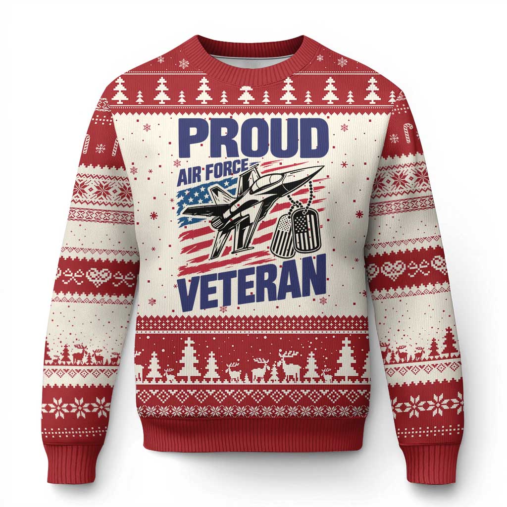Proud Air Force Veteran Ugly Christmas Sweater Fighter Jet American Flag Military Aviation