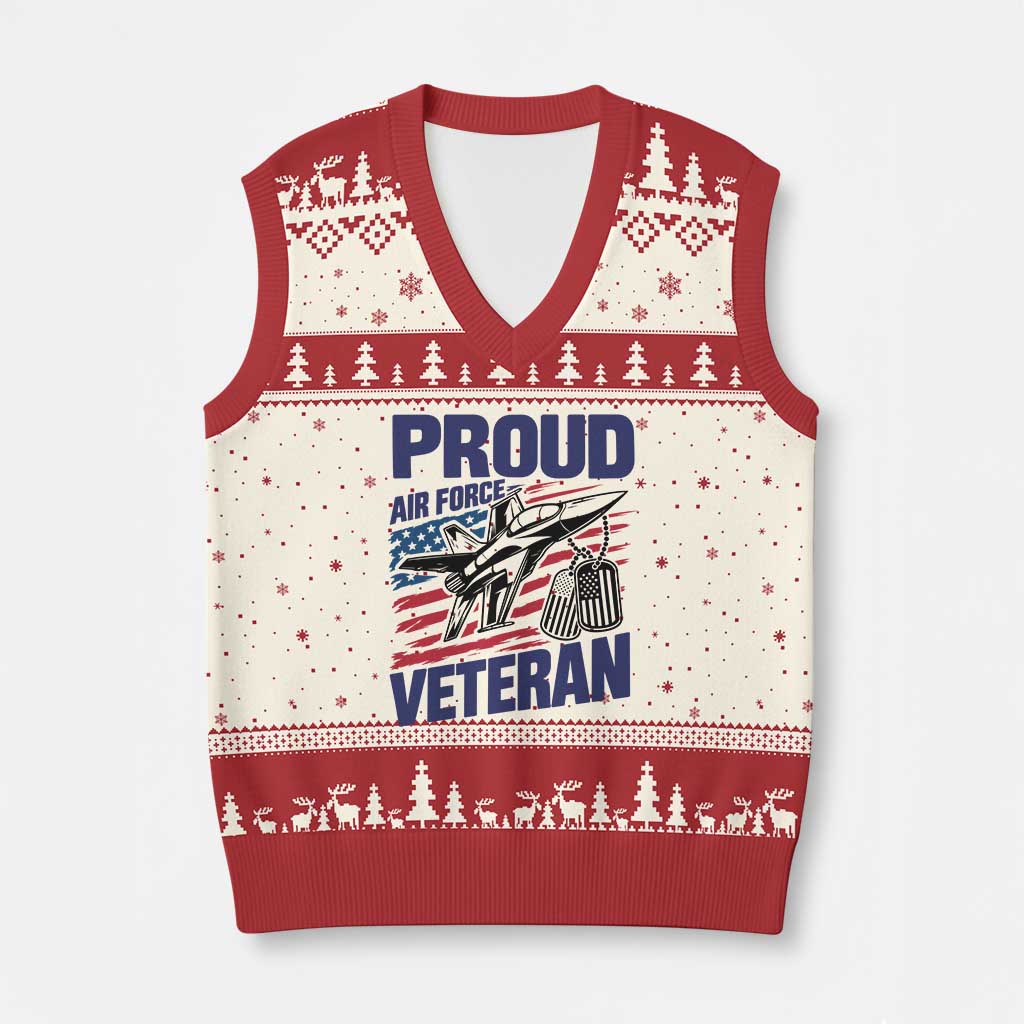 Proud Air Force Veteran V-Neck Knit Sweater Vest Fighter Jet American Flag Military Aviation