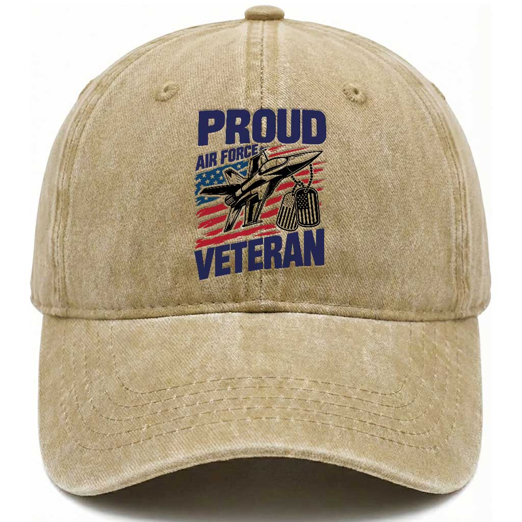 Proud Air Force Veteran Washed Cotton Baseball Cap Fighter Jet American Flag Military Aviation