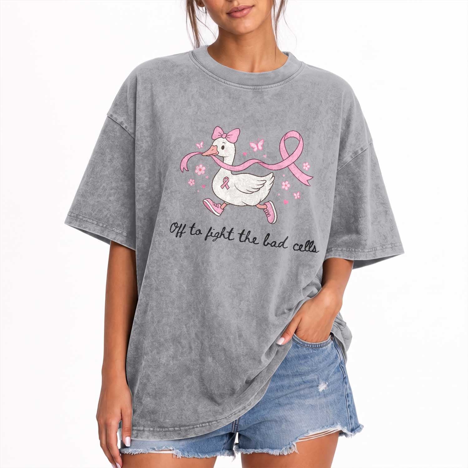 Breast Cancer Goose Pink Ribbon Washed Cotton T-Shirt Off To Fight The Bad Cells Fighter Support Gift