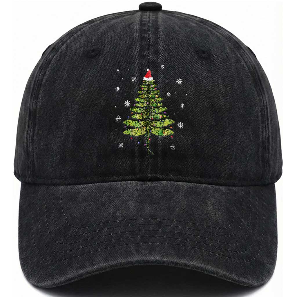 Dragonfly Christmas Tree Washed Cotton Baseball Cap Holiday Insect Lover Xmas Gift