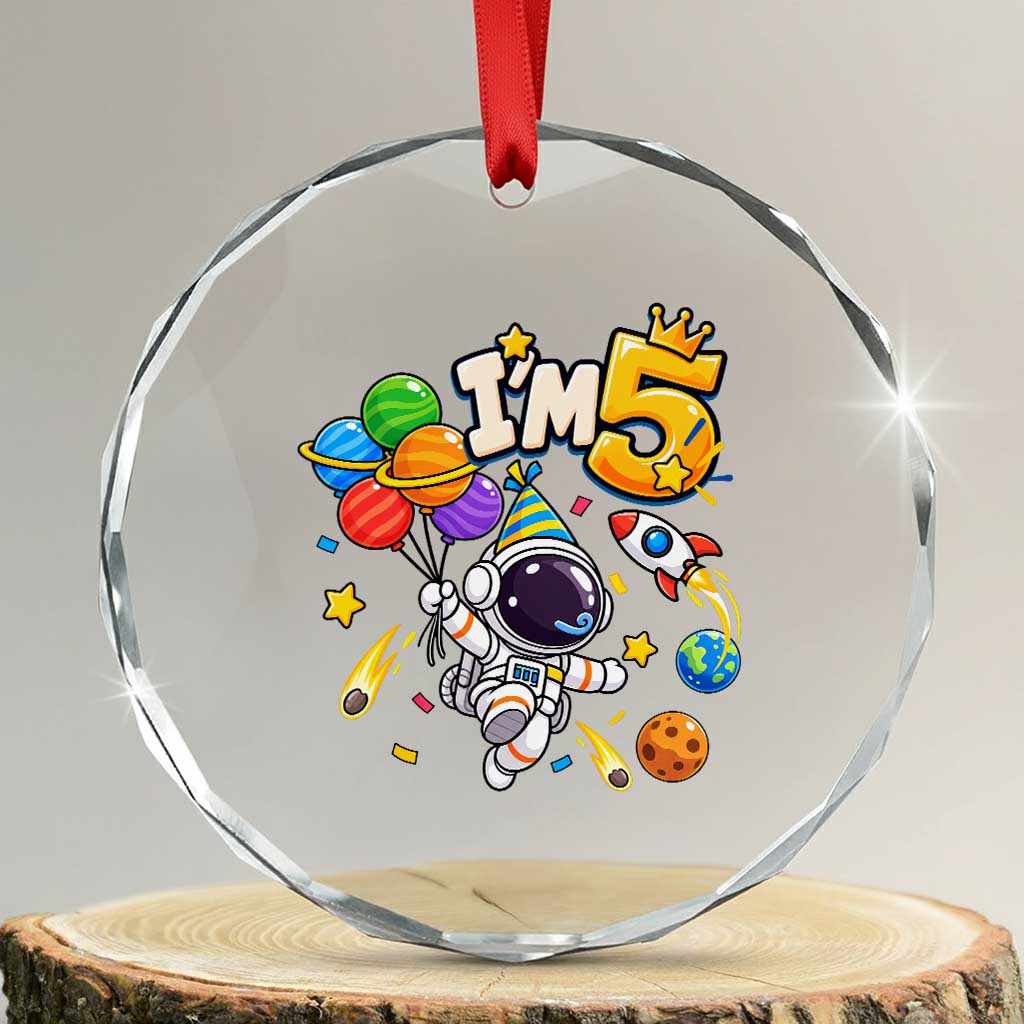 Little Astronaut 5th Birthday Crystal Glass Ornament Outer Space Planet Balloons Party