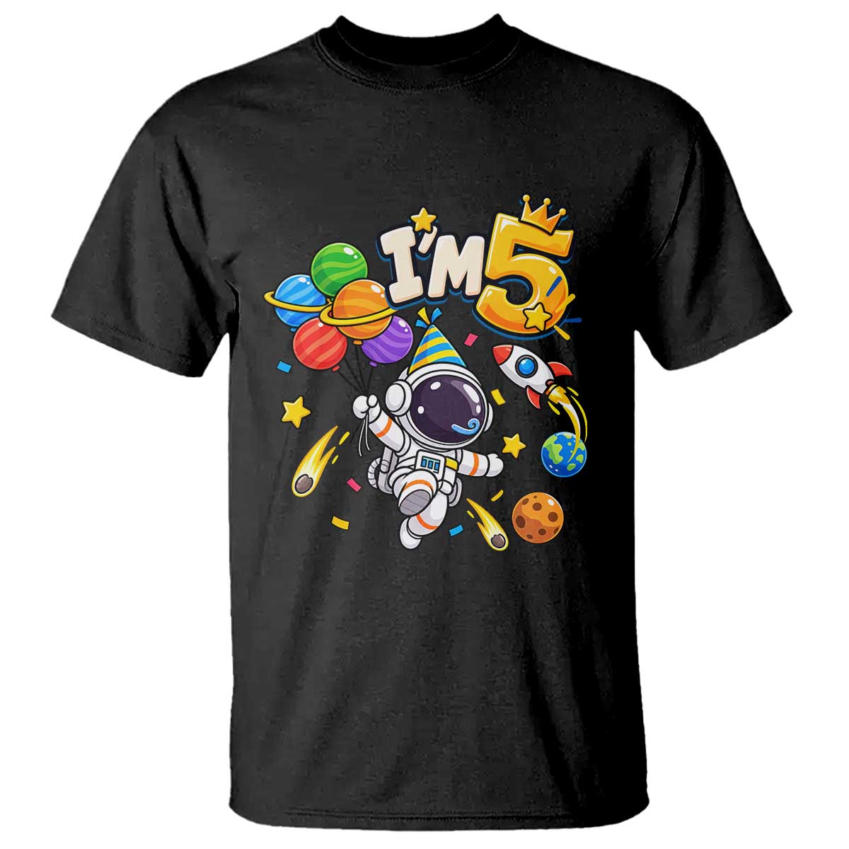 Little Astronaut 5th Birthday T Shirt Outer Space Planet Balloons Party