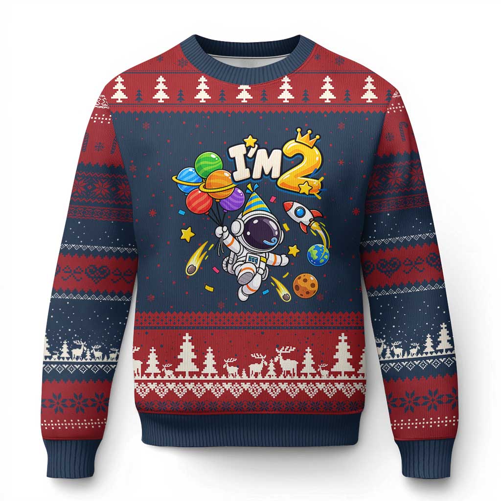Little Astronaut 2nd Birthday Ugly Christmas Sweater Outer Space Planet Balloons Party