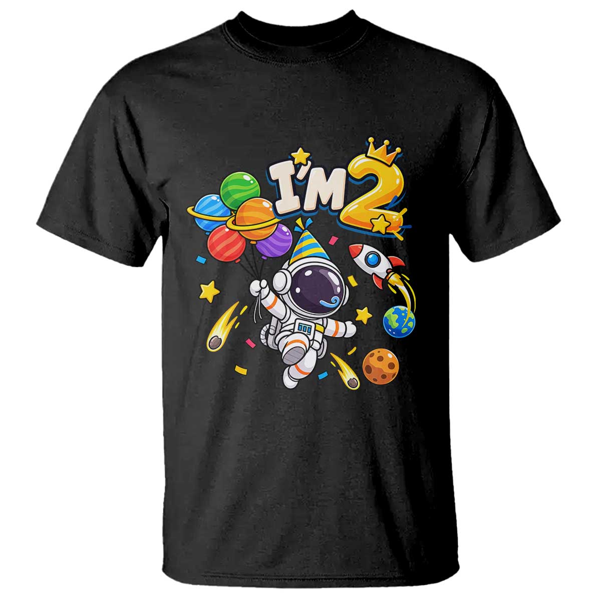 Little Astronaut 2nd Birthday T Shirt Outer Space Planet Balloons Party