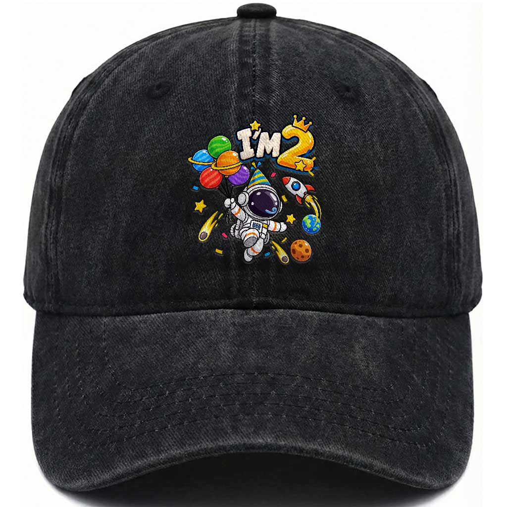 Little Astronaut 2nd Birthday Washed Cotton Baseball Cap Outer Space Planet Balloons Party