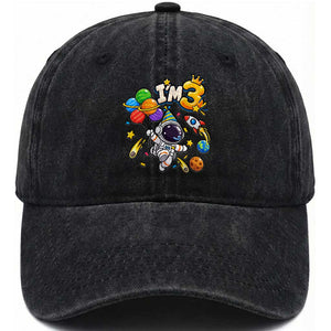 Little Astronaut 3rd Birthday Washed Cotton Baseball Cap Outer Space Planet Balloons Party
