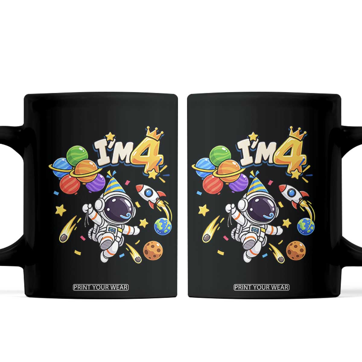 Little Astronaut 4th Birthday Coffee Mug Outer Space Planet Balloons Party