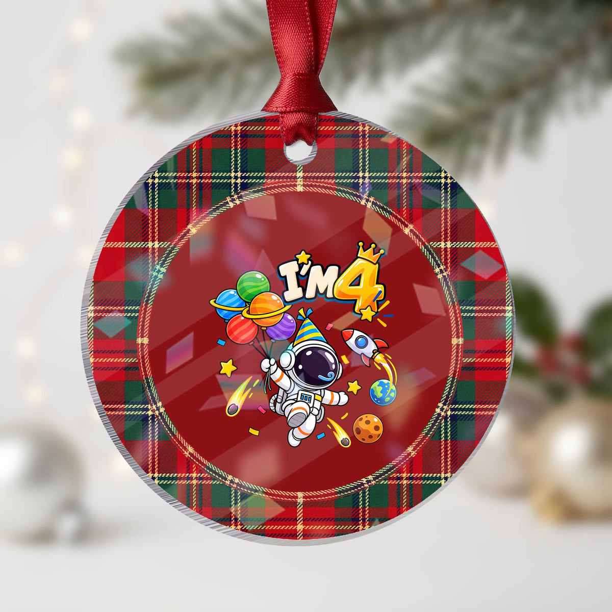 Little Astronaut 4th Birthday Holographic Acrylic Ornament Outer Space Planet Balloons Party