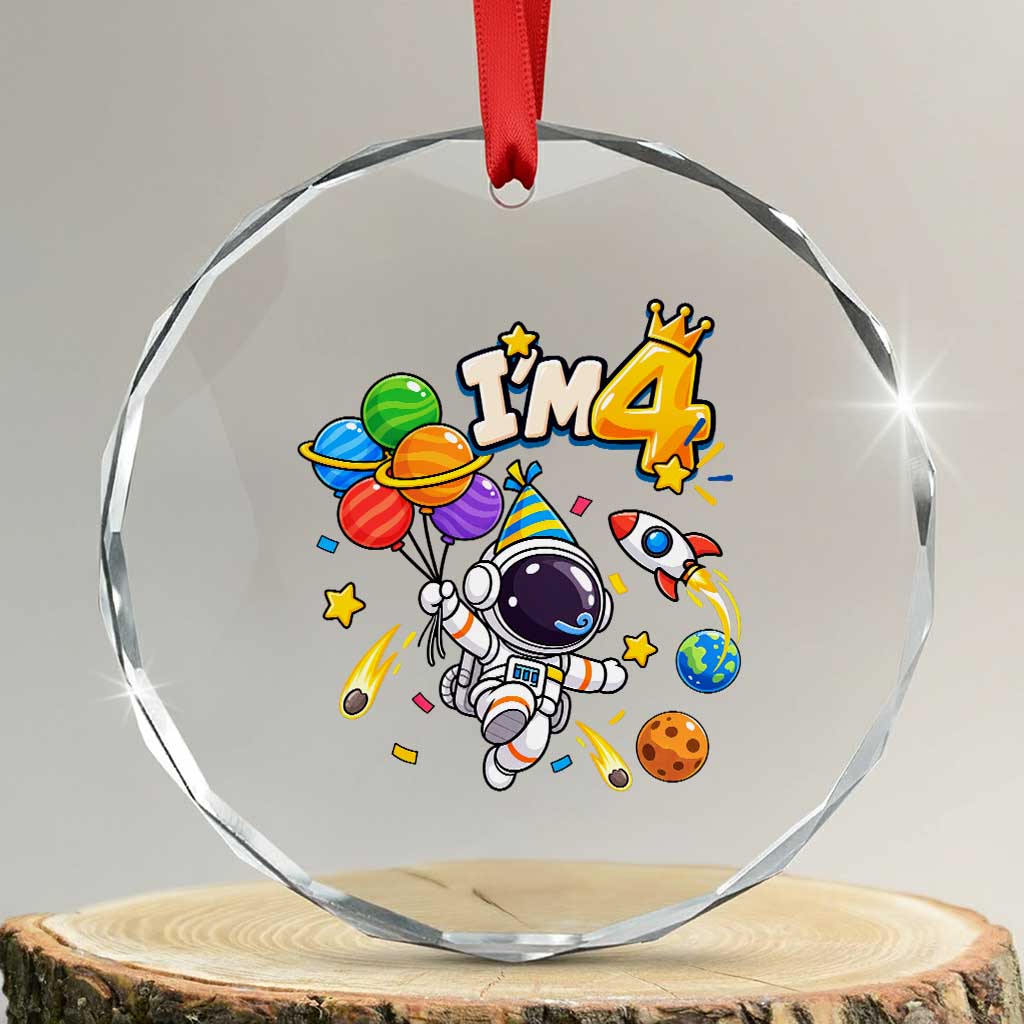 Little Astronaut 4th Birthday Crystal Glass Ornament Outer Space Planet Balloons Party