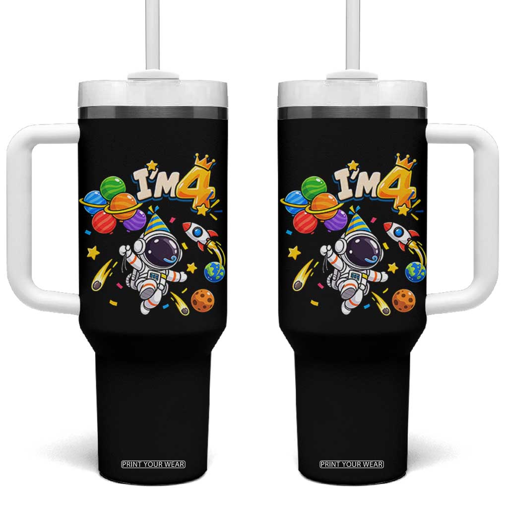 Little Astronaut 4th Birthday Tumbler With Handle Outer Space Planet Balloons Party