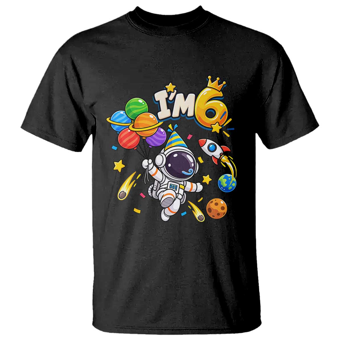 Little Astronaut 6th Birthday T Shirt Outer Space Planet Balloons Party