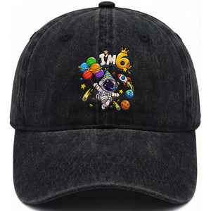 Little Astronaut 6th Birthday Washed Cotton Baseball Cap Outer Space Planet Balloons Party