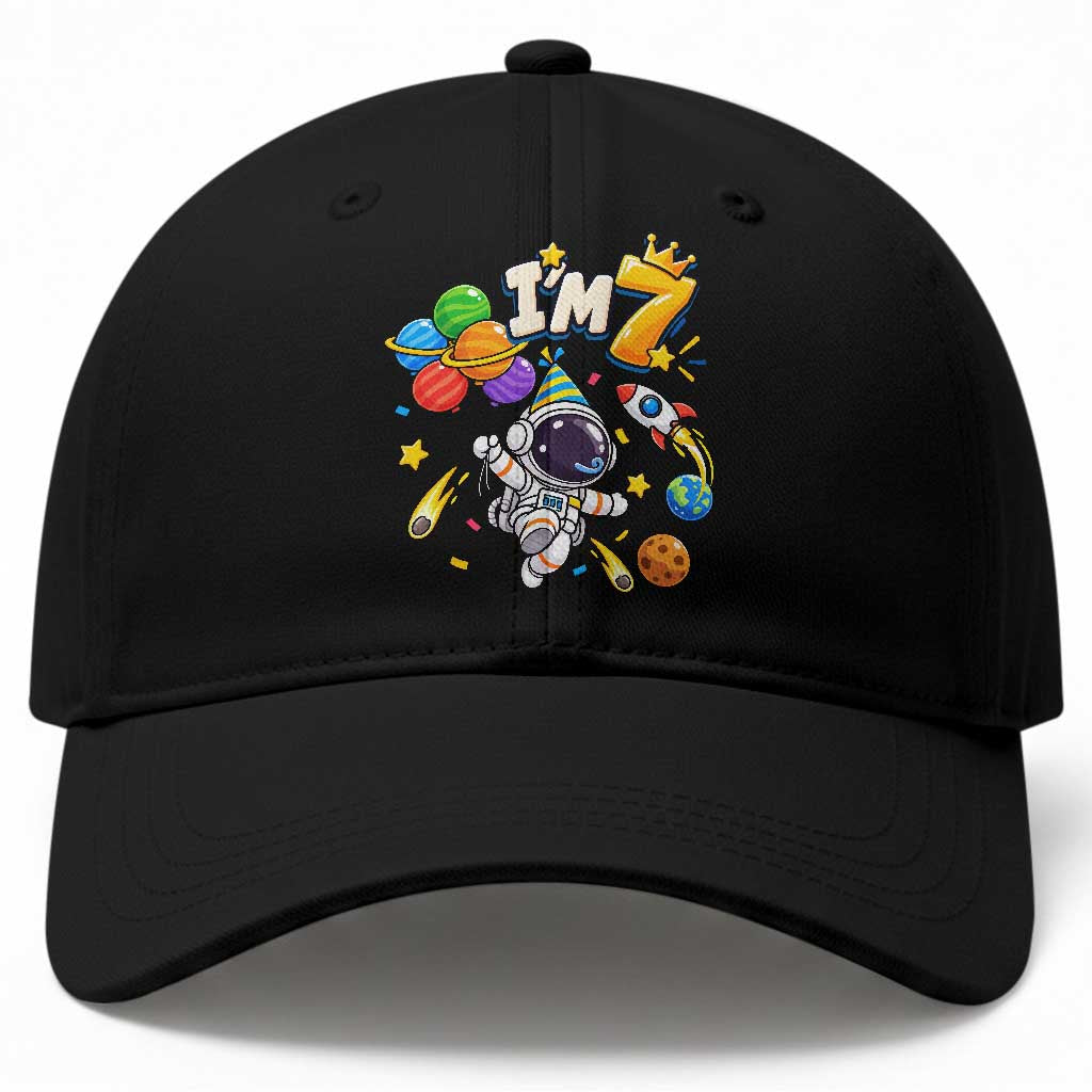Little Astronaut 7th Birthday Baseball Cap Outer Space Planet Balloons Party