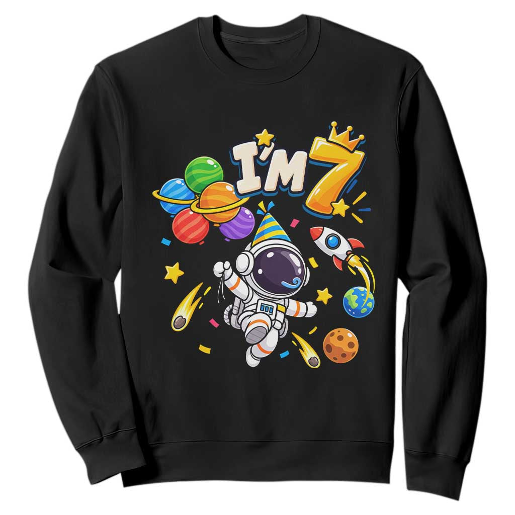 Little Astronaut 7th Birthday Sweatshirt Outer Space Planet Balloons Party