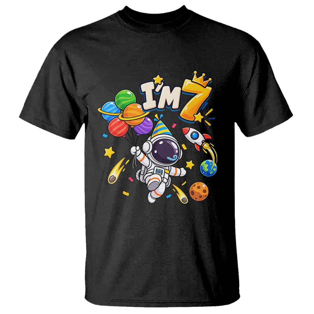 Little Astronaut 7th Birthday T Shirt Outer Space Planet Balloons Party
