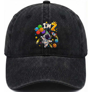 Little Astronaut 7th Birthday Washed Cotton Baseball Cap Outer Space Planet Balloons Party