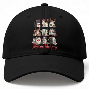 Funny Christmas Cat Baseball Cap Merry Mahjong Holiday Feline Tile Game