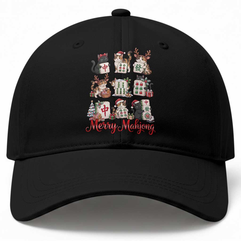 Funny Christmas Cat Baseball Cap Merry Mahjong Holiday Feline Tile Game
