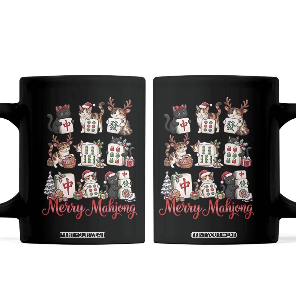 Funny Christmas Cat Coffee Mug Merry Mahjong Holiday Feline Tile Game