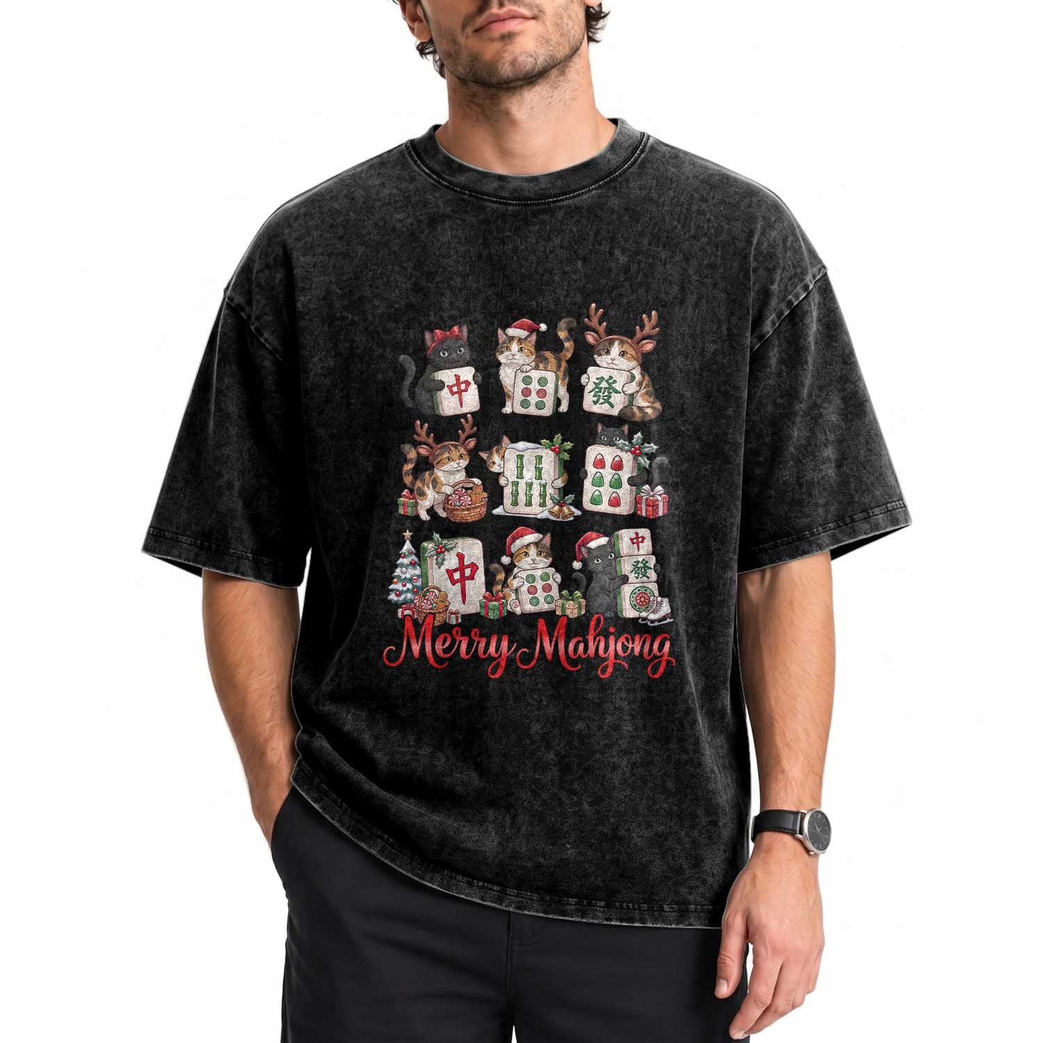 Funny Christmas Cat Washed Cotton T-Shirt Merry Mahjong Holiday Feline Tile Game