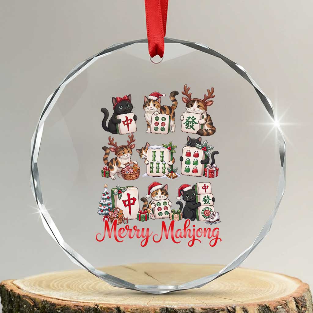Funny Christmas Cat Crystal Glass Ornament Merry Mahjong Holiday Feline Tile Game