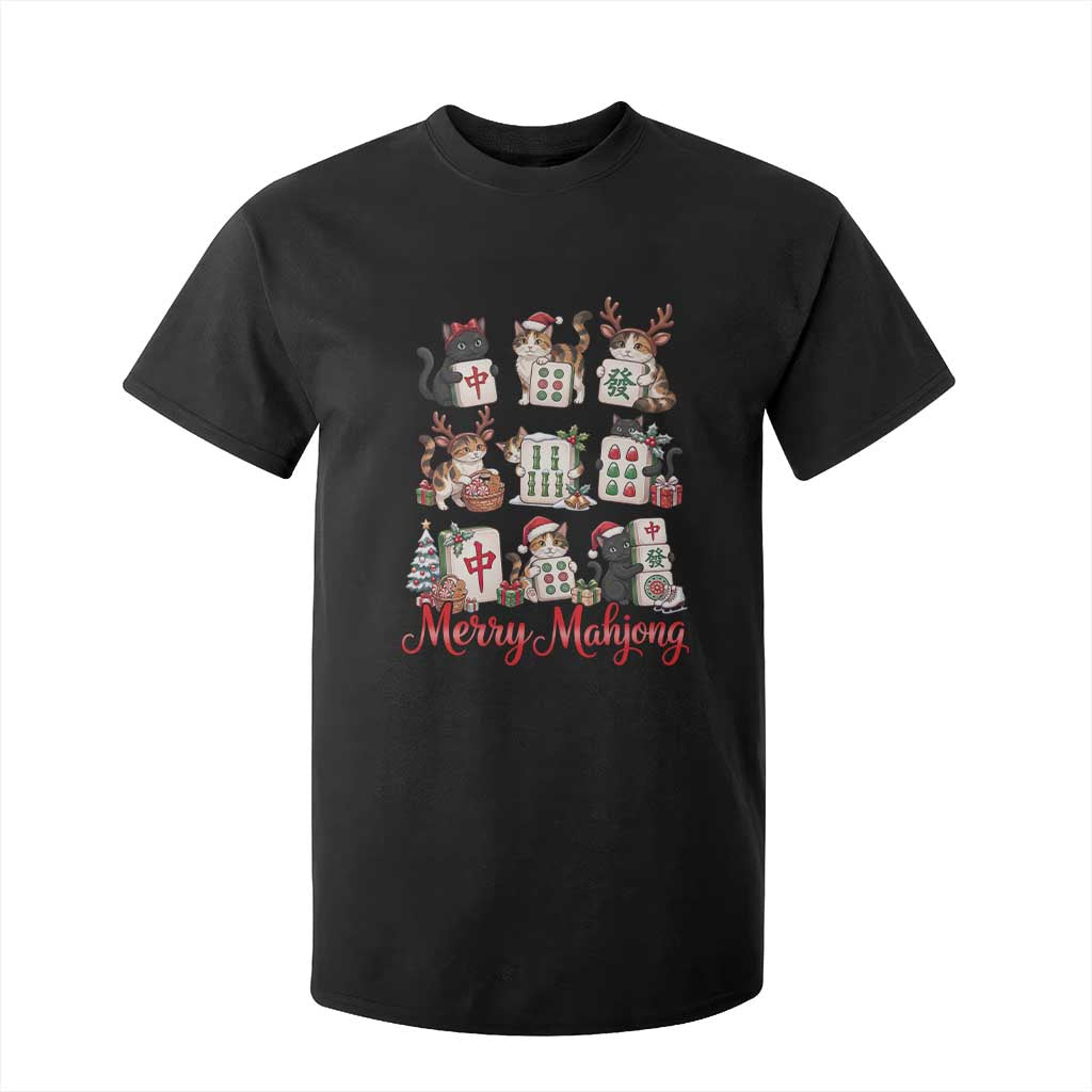 Funny Christmas Cat T Shirt For Kid Merry Mahjong Holiday Feline Tile Game