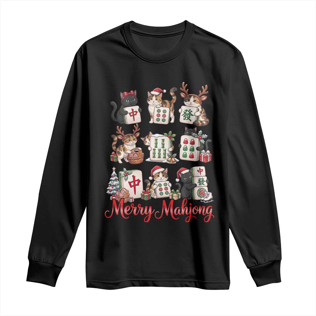 Funny Christmas Cat Long Sleeve Shirt Merry Mahjong Holiday Feline Tile Game