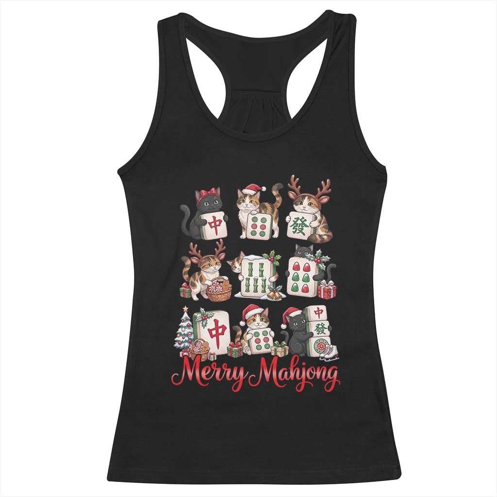 Funny Christmas Cat Racerback Tank Top Merry Mahjong Holiday Feline Tile Game