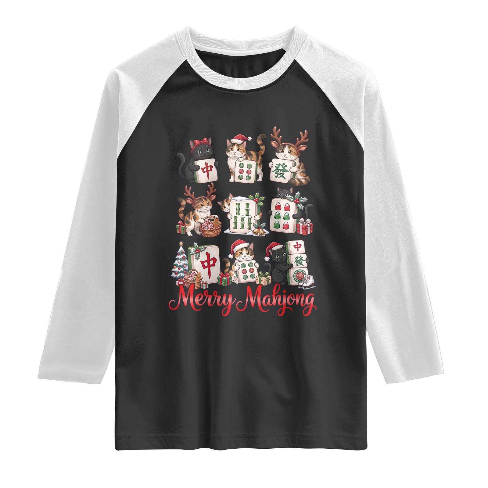 Funny Christmas Cat Raglan Shirt Merry Mahjong Holiday Feline Tile Game