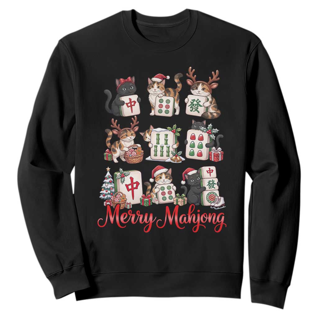 Funny Christmas Cat Sweatshirt Merry Mahjong Holiday Feline Tile Game