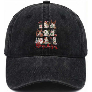 Funny Christmas Cat Washed Cotton Baseball Cap Merry Mahjong Holiday Feline Tile Game
