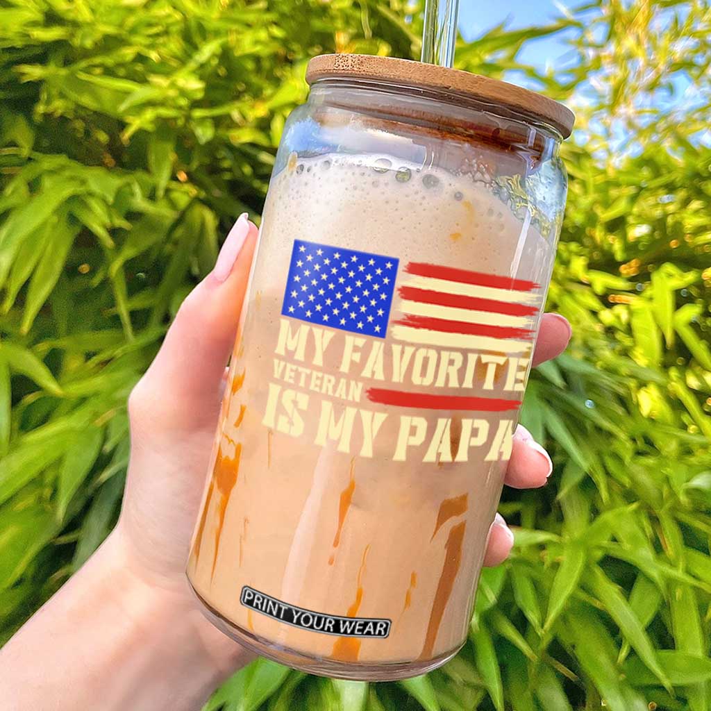 My Favorite Veteran Is My Papa Glass Can Patriotic American Flag Family Pride Gift