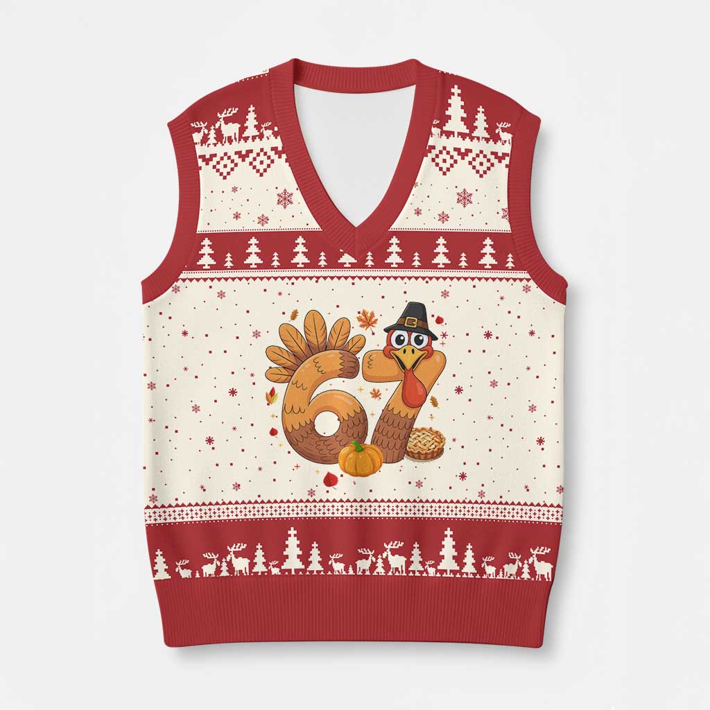 Funny Turkey Six And Seven Meme V-Neck Knit Sweater Vest Thanksgiving Gift TS12 Beige Red Print Your Wear