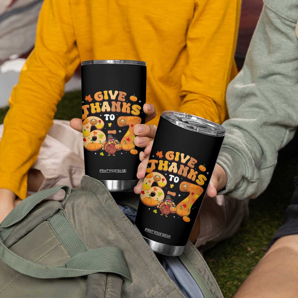 Give Thanks To 67 Tumbler Cup Funny Brainrot Six Seven Meme Thanksgiving Gift TS12 Print Your Wear
