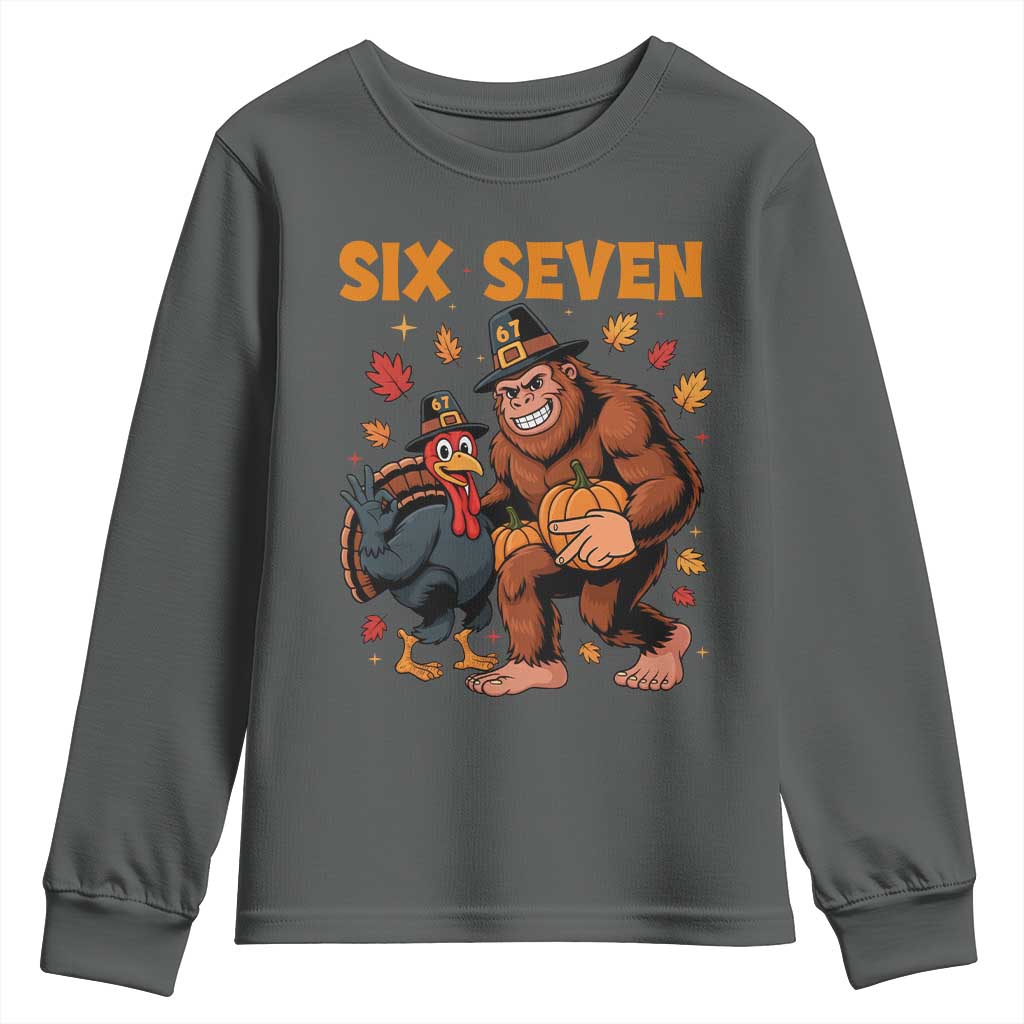 Six Seven Meme Bigfoot And Turkey Youth Sweatshirt Funny Thanksgiving Gift TS12 Dark Heather Print Your Wear