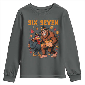 Six Seven Meme Bigfoot And Turkey Youth Sweatshirt Funny Thanksgiving Gift TS12 Dark Heather Print Your Wear