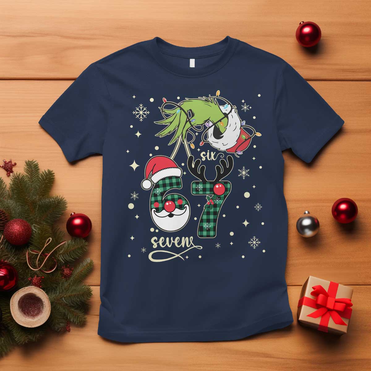 Funny Green Hand Six Seven Meme T Shirt Gen Z Alpha Xmas Gift TS12 Navy Print Your Wear