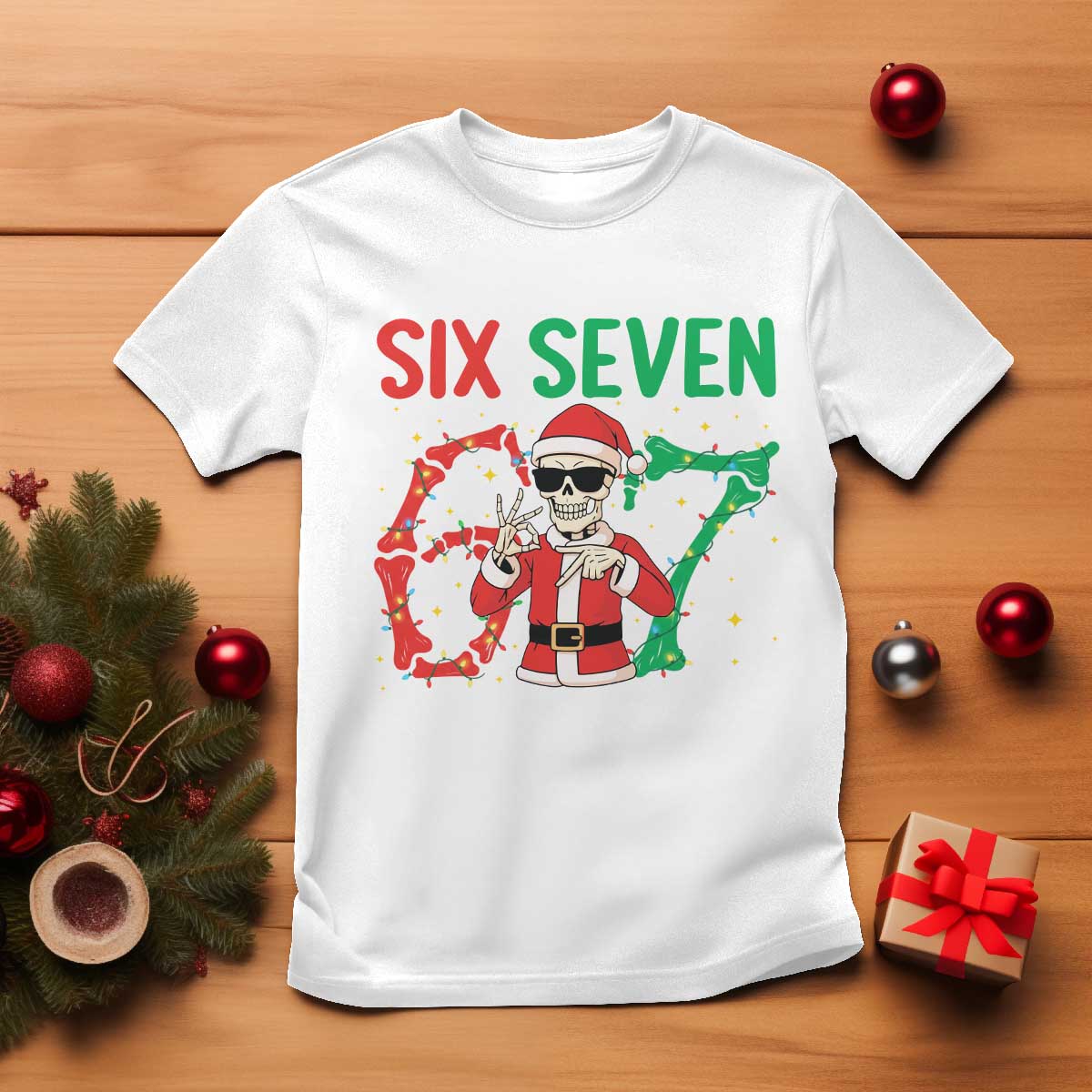 Funny Santa Skeleton Says Six Seven T Shirt Christmas Meme Gift TS12 White Print Your Wear