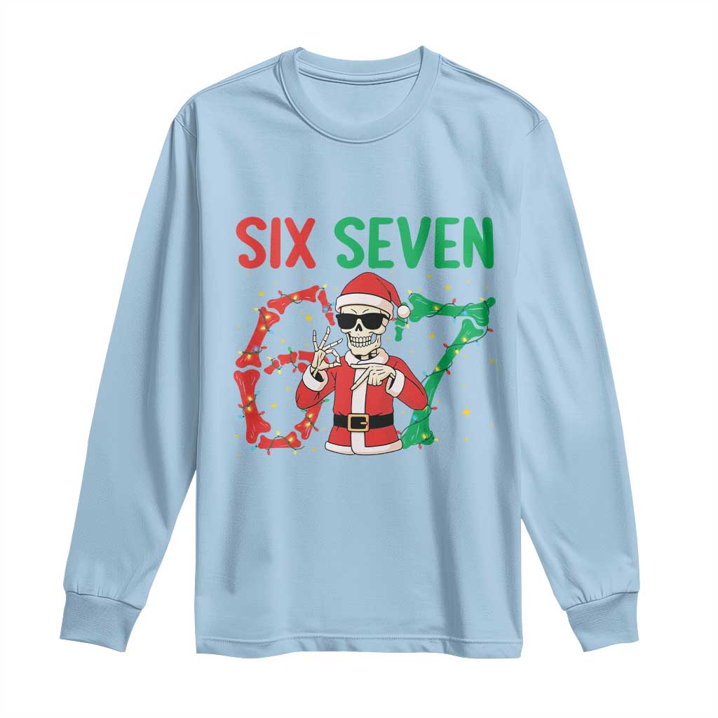 Funny Santa Skeleton Says Six Seven Long Sleeve Shirt Christmas Meme Gift TS12 Light Blue Print Your Wear