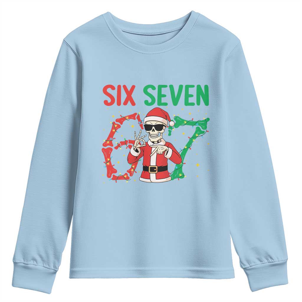 Funny Santa Skeleton Says Six Seven Youth Sweatshirt Christmas Meme Gift TS12 Light Blue Print Your Wear