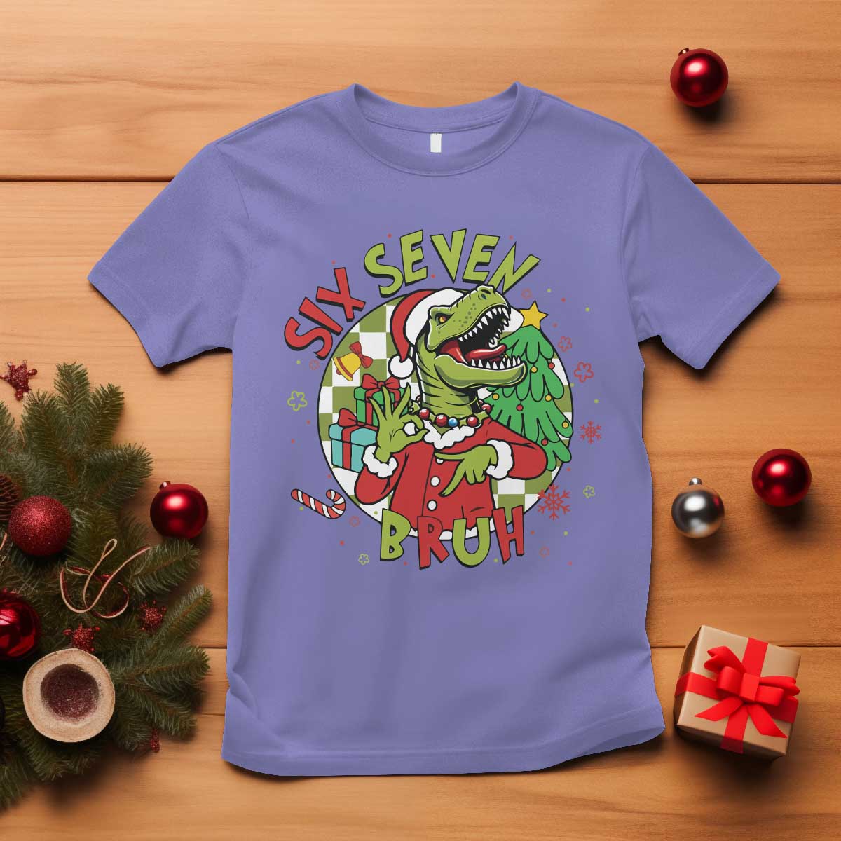 Funny Christmas Dinosaur Lover Gift T Shirt Trending Six Seven Bruh TS12 Violet Print Your Wear