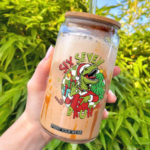 Funny Christmas Dinosaur Lover Gift Glass Can Trending Six Seven Bruh TS12 White Print Your Wear