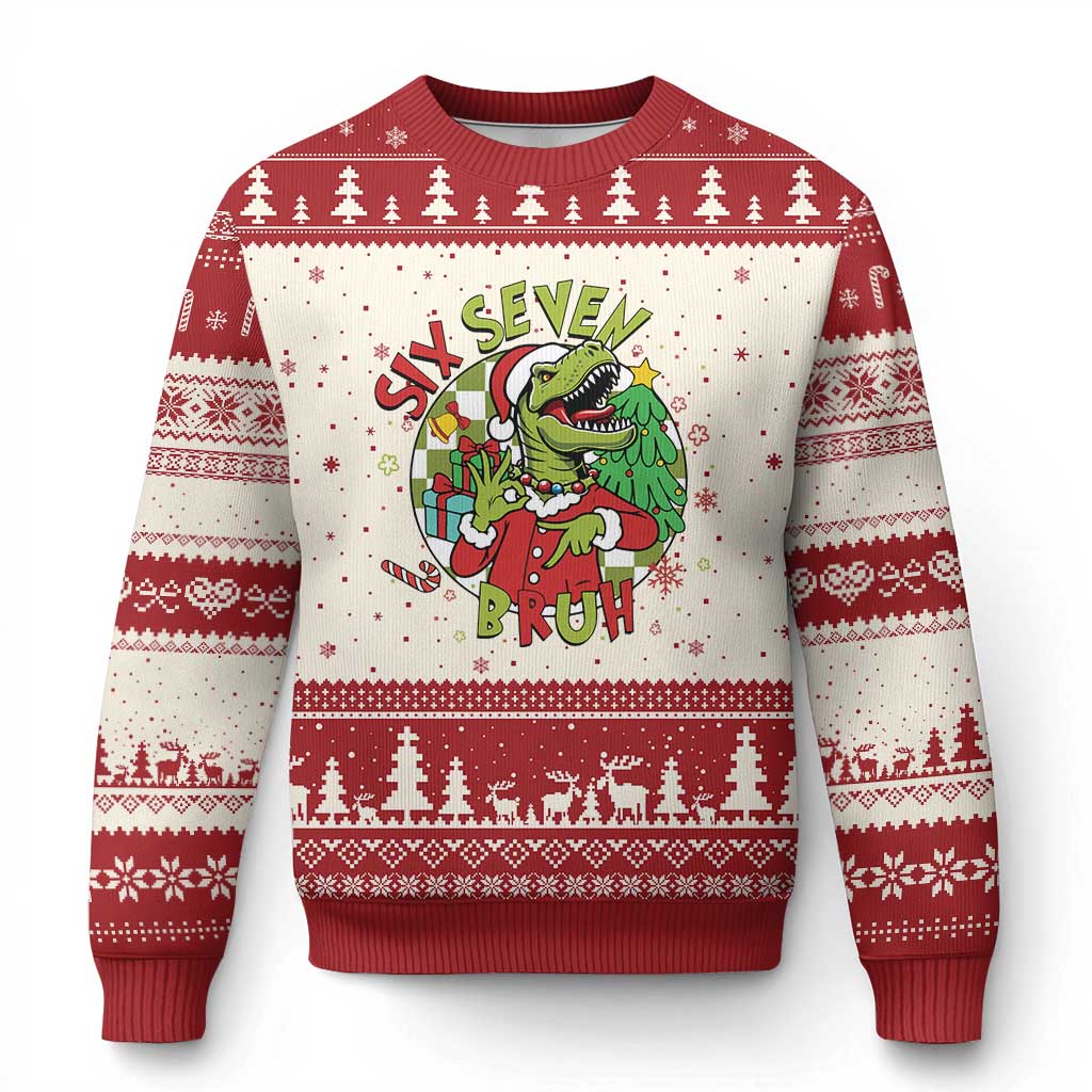 Funny Xmas Dinosaur Lover Gift Ugly Christmas Sweater Trending Six Seven Bruh TS12 Beige Red Print Your Wear