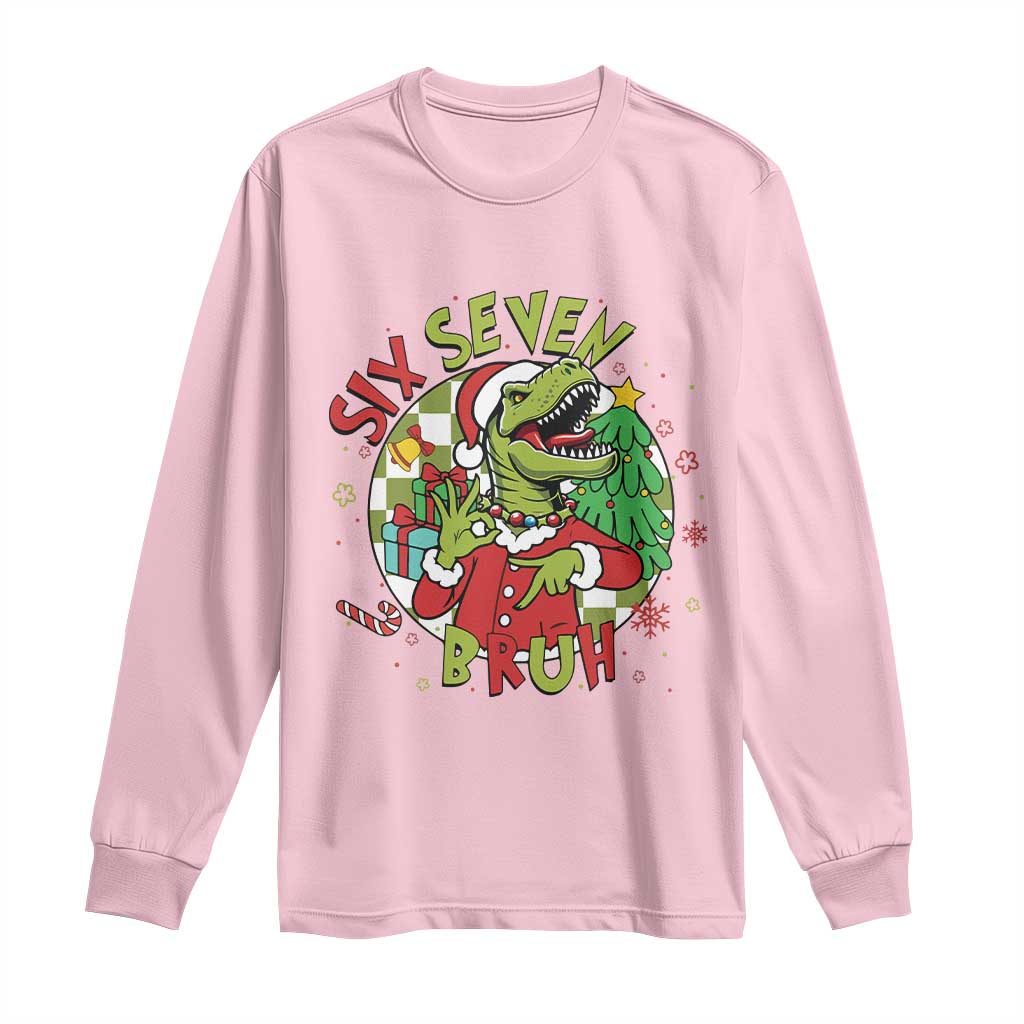 Funny Christmas Dinosaur Lover Gift Long Sleeve Shirt Trending Six Seven Bruh TS12 Light Pink Print Your Wear