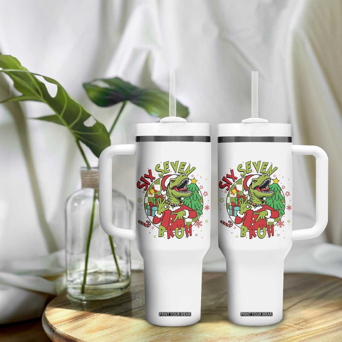 Funny Christmas Dinosaur Lover Gift Tumbler With Handle Trending Six Seven Bruh TS12 Print Your Wear
