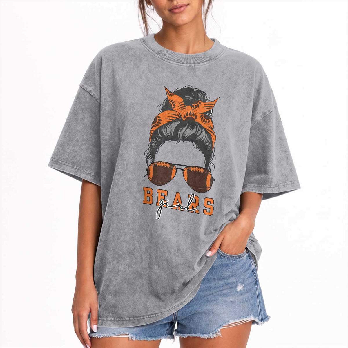 Girl Messy Bun Fan Washed Cotton T-Shirt CFB Lovers Gift