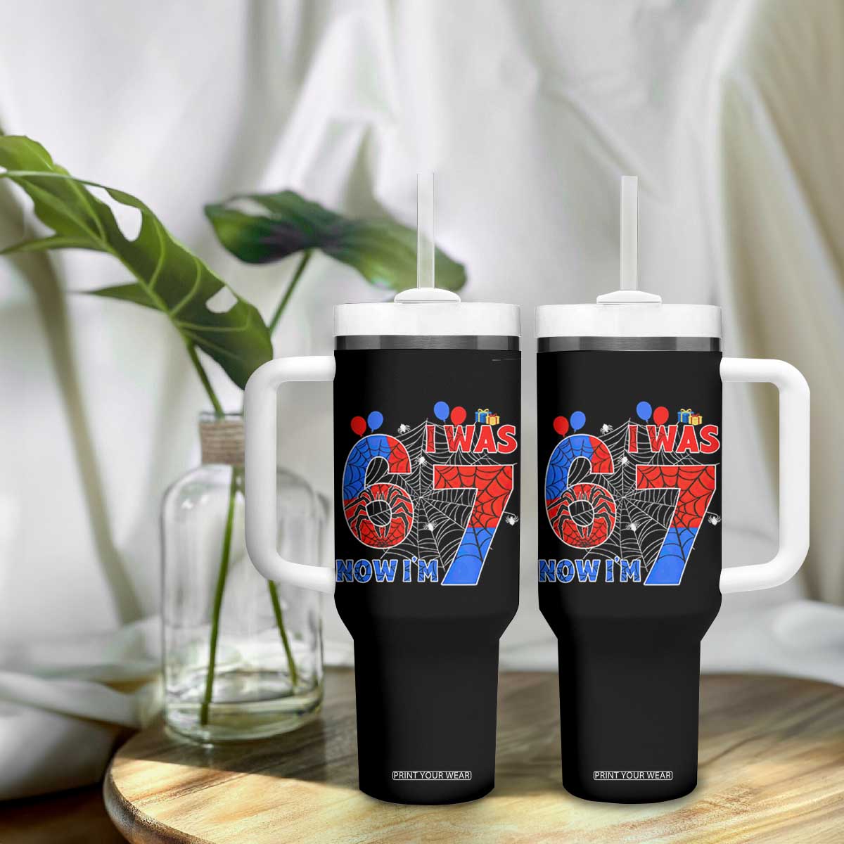 I Was 6 Now I Am 7 Tumbler With Handle Funny Spider Birthday Boy TS12 Print Your Wear